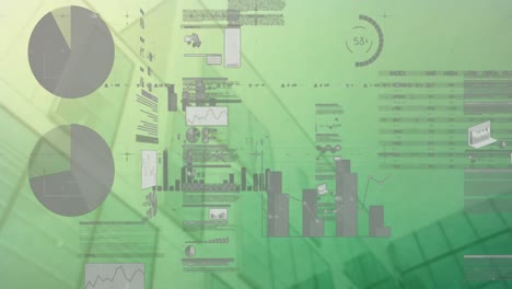 Animación-De-Gráficos,-Bases-De-Datos-Y-Tablero-De-Comercio-Sobre-Una-Vista-De-ángulo-Bajo-De-Un-Edificio-Moderno