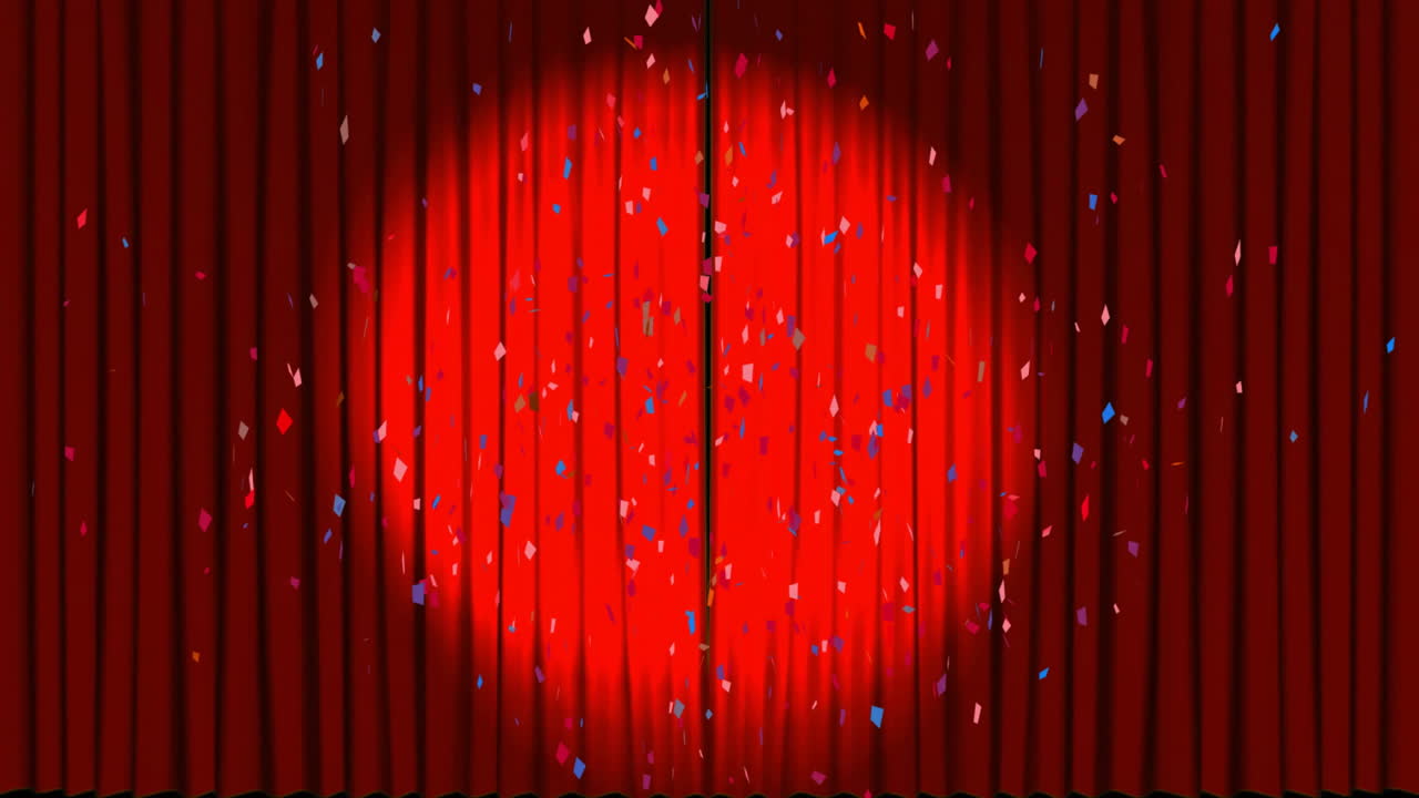 축제 설정에서 떨어지는 콘페티 애니메이션과 함께 빨간 커튼을 열고