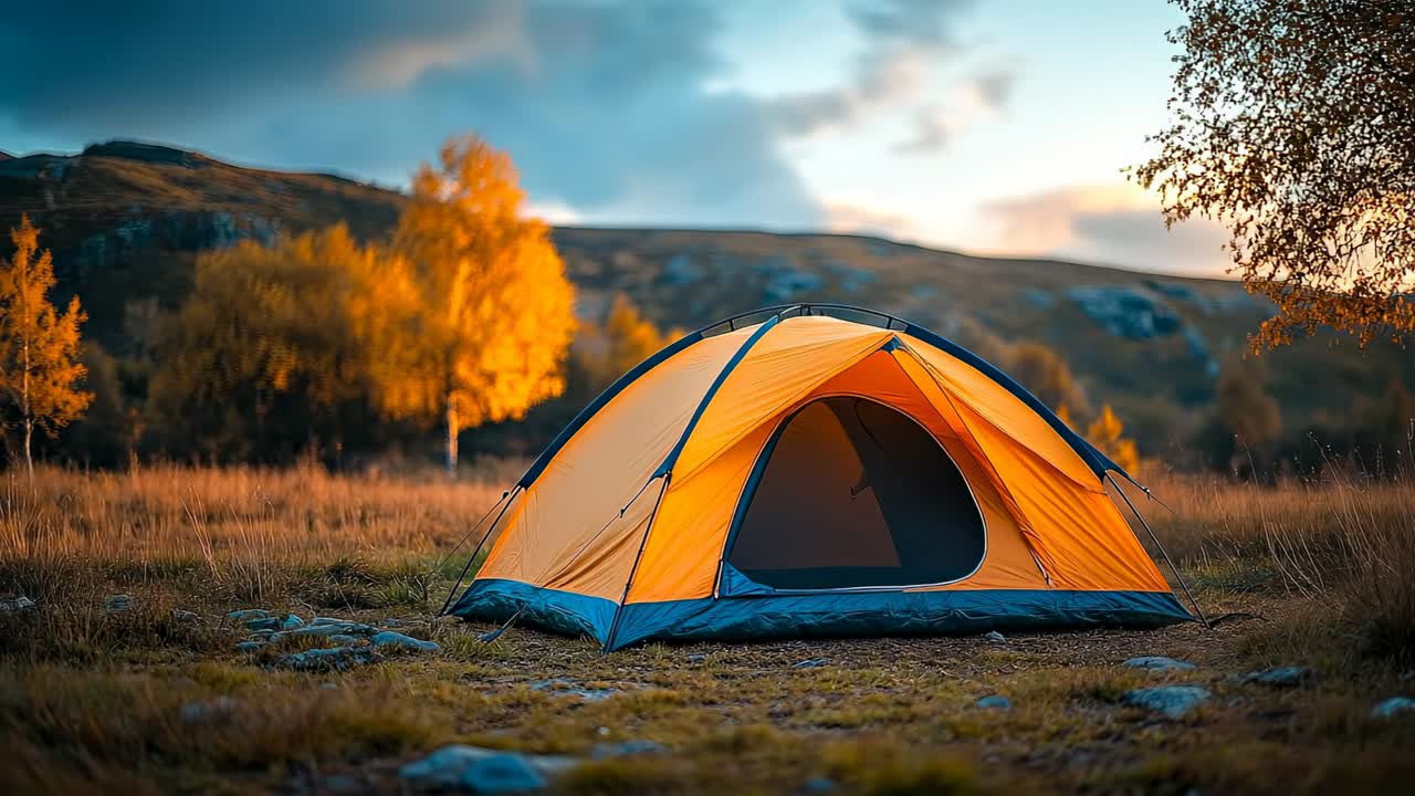 Telt på skovbund om efteråret. Et campingtelt står på græs i en skov med træer. Solen skinner om efteråret, hvilket gør bladene farverige
