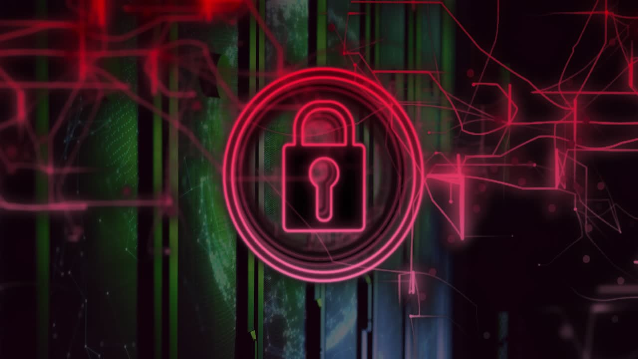 Faint red circuit lines crawling from left activating padlock icon grid signifying data security