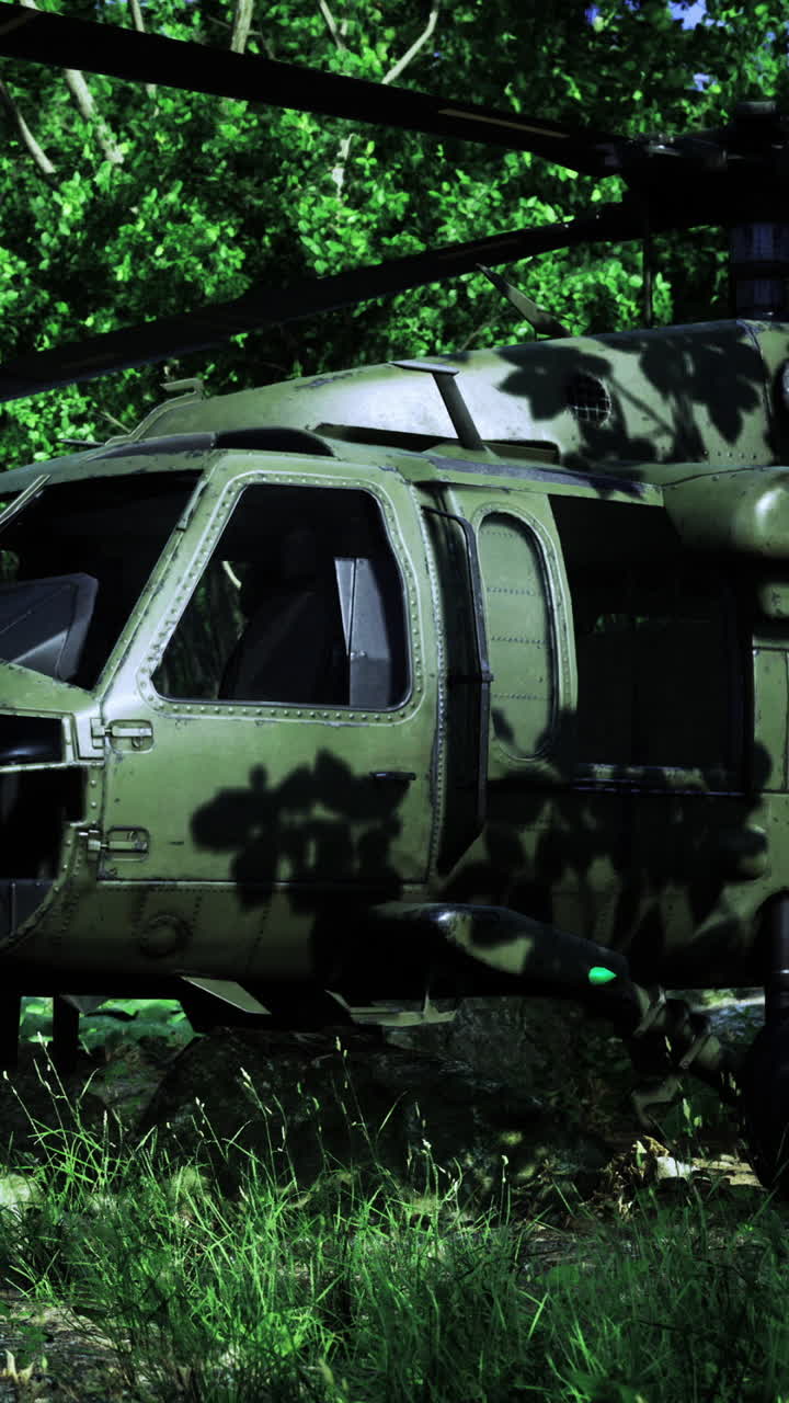 Military helicopter poised among dense foliage in a misty forest landscape