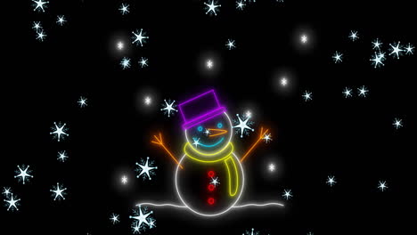 animation of neon snowman over snowflakes on black background at christmas