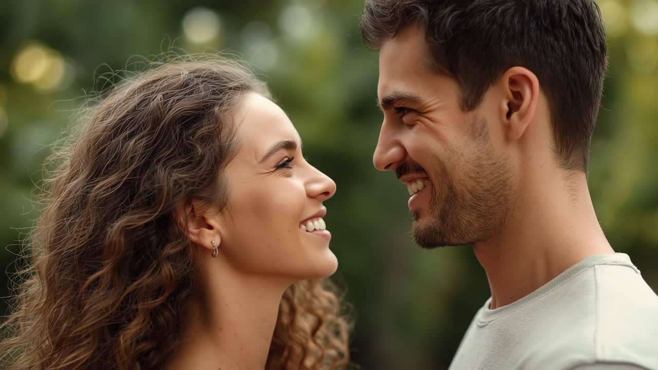 Opening closeup revealing couple locking eyes and sharing smiles in leafy park, mutual attraction