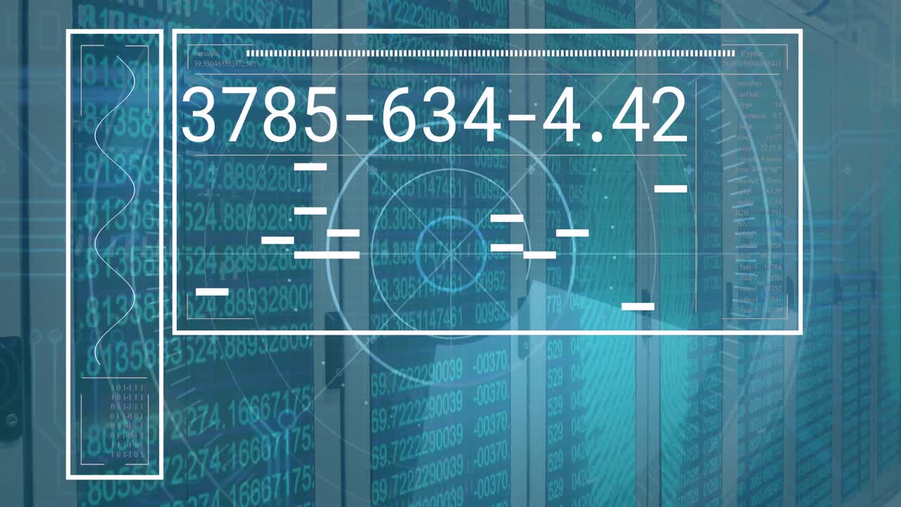 animación del procesamiento de datos con escaneo de alcance sobre la sala del servidor