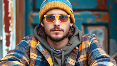 a man wearing a hat and sunglasses sitting on a bench