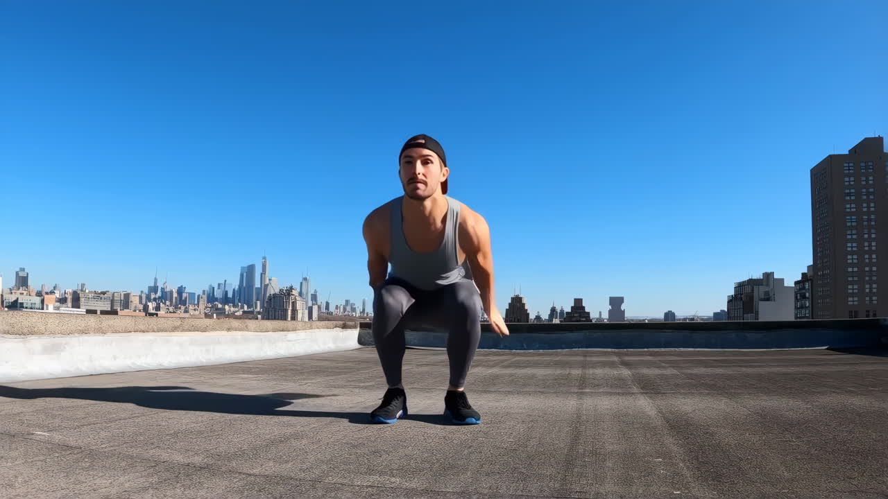Man performs a backflip on a city rooftop