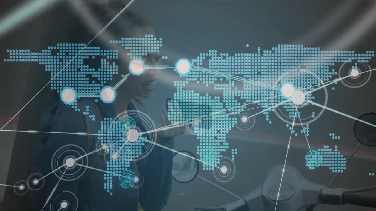 Animation of network of connections with world map over biracial woman using smartphone