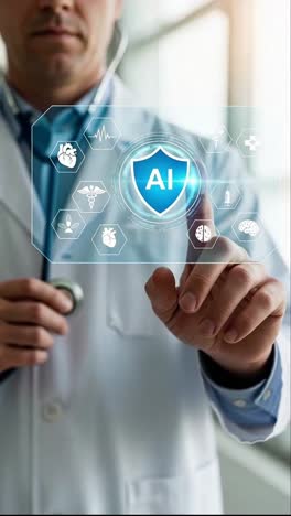 Doctor Using AI Shield for Advanced Medical Diagnosis and Patient Data Protection