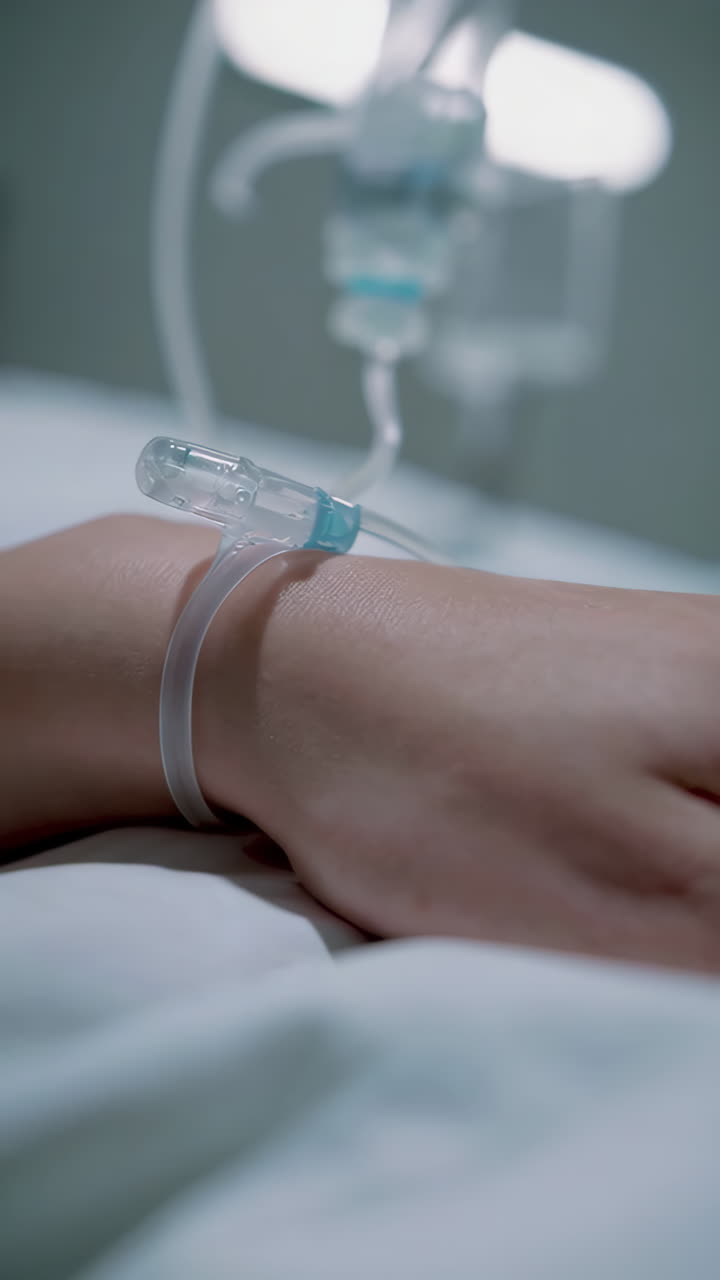 Primo piano della mano di un paziente con una flebo in ospedale