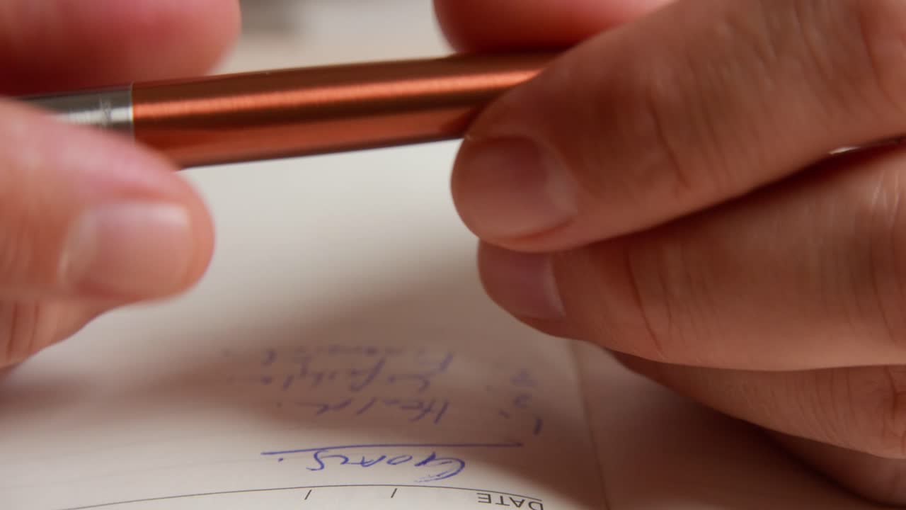 Man sits with notebook and pen at an indoor table. He was written goals and is distracted and playing with pen. Close in shot. Clip 5