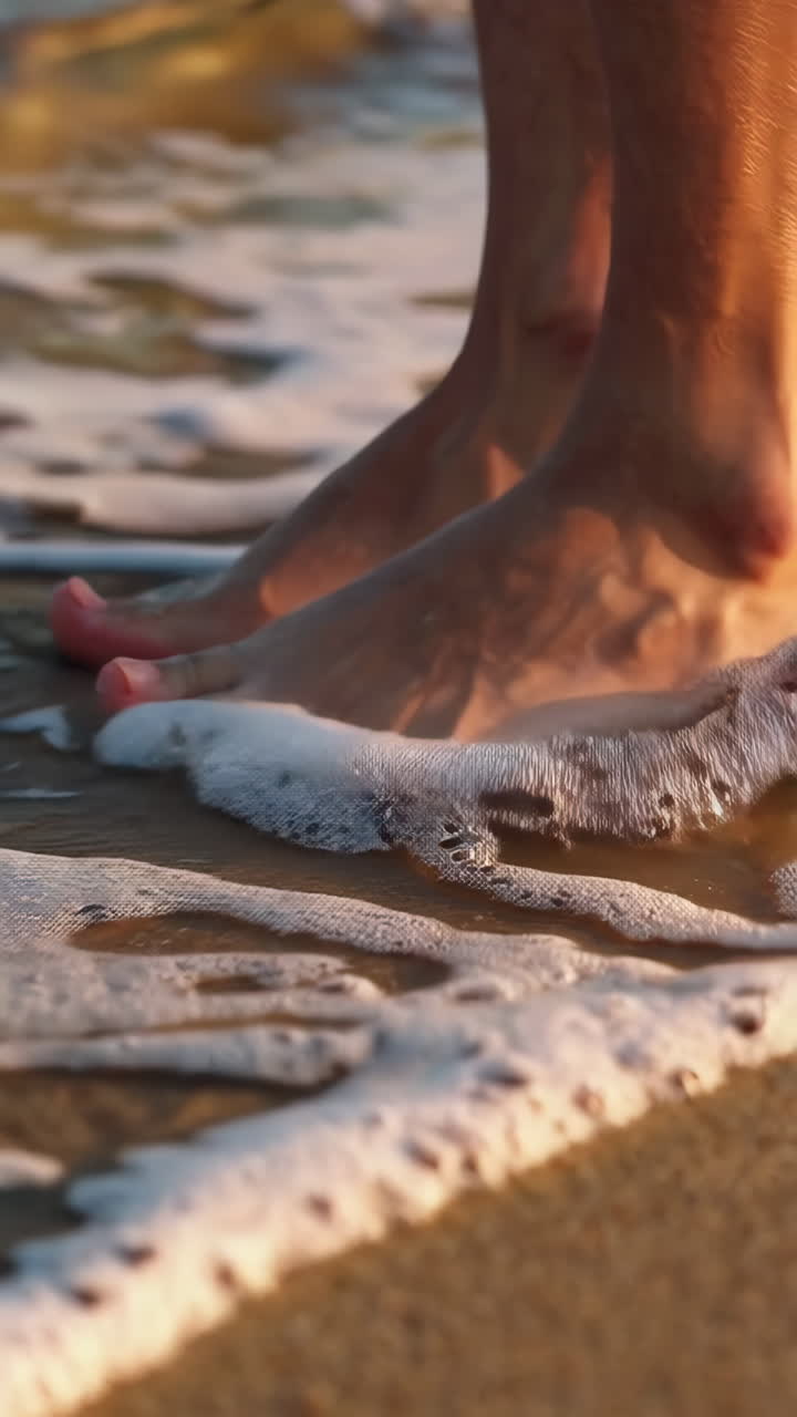 Close-up of feet in ocean waves on a beach at sunset