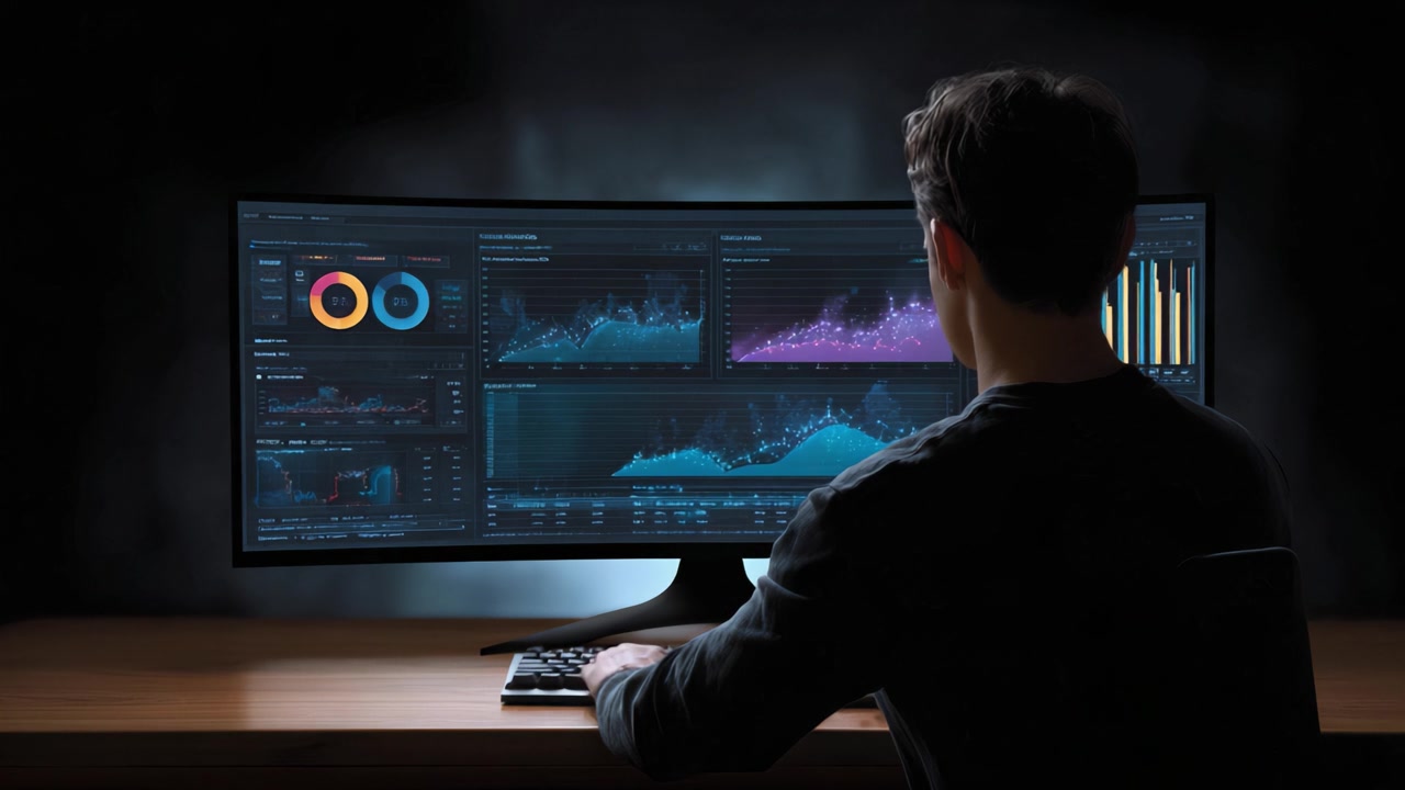 Focused analytics professional analyzing data visualizations and charts on a high-resolution monitor in a dark workspace, showcasing insights from complex datasets.