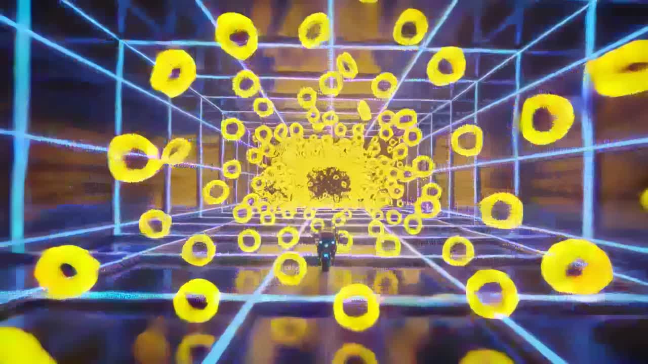 Moving mini bike with blue lights riding to vortex in neon-grid tunnel, cam zooming, rings swirling