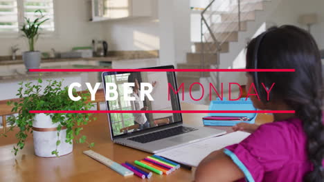 watching animation on laptop, child in school setup during cyber monday