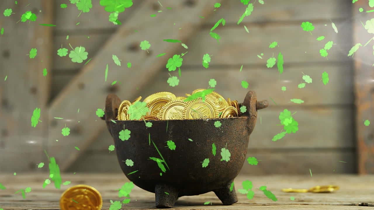 Animation of clovers falling with cauldron filled with gold coins for St. Patricks day