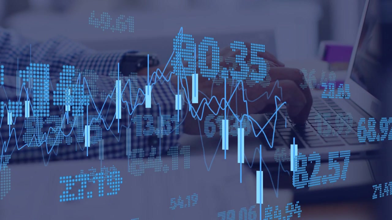Analyst typing on laptop, finance tickers and candles spiking over keys, driving trade tracking
