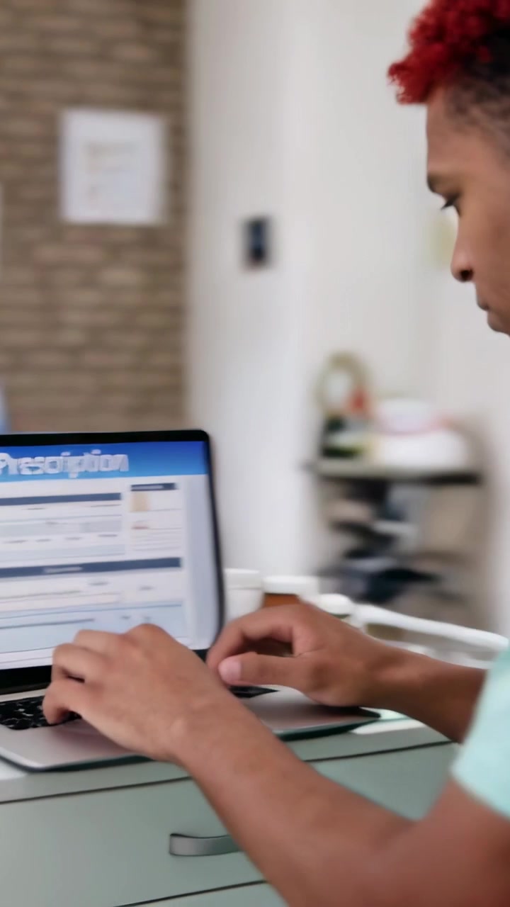 Vertical video: Typing dentist in scrubs entering chart on laptop at operatory beside dental chair