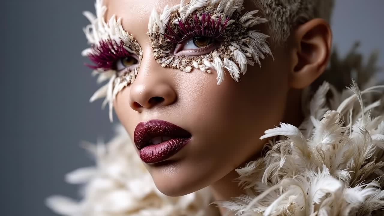 A woman with a white mask with feathers on her face