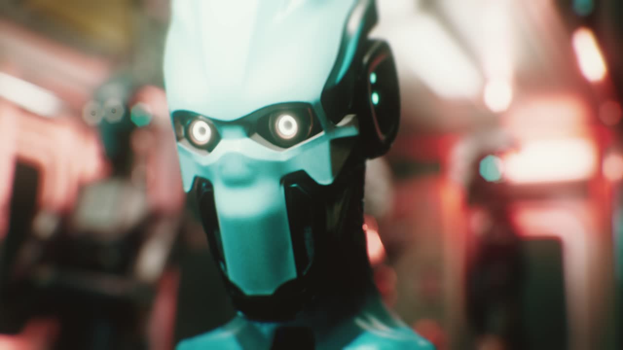 un robot guarda avanti nella metropolitana con luci tremolanti e altri robot