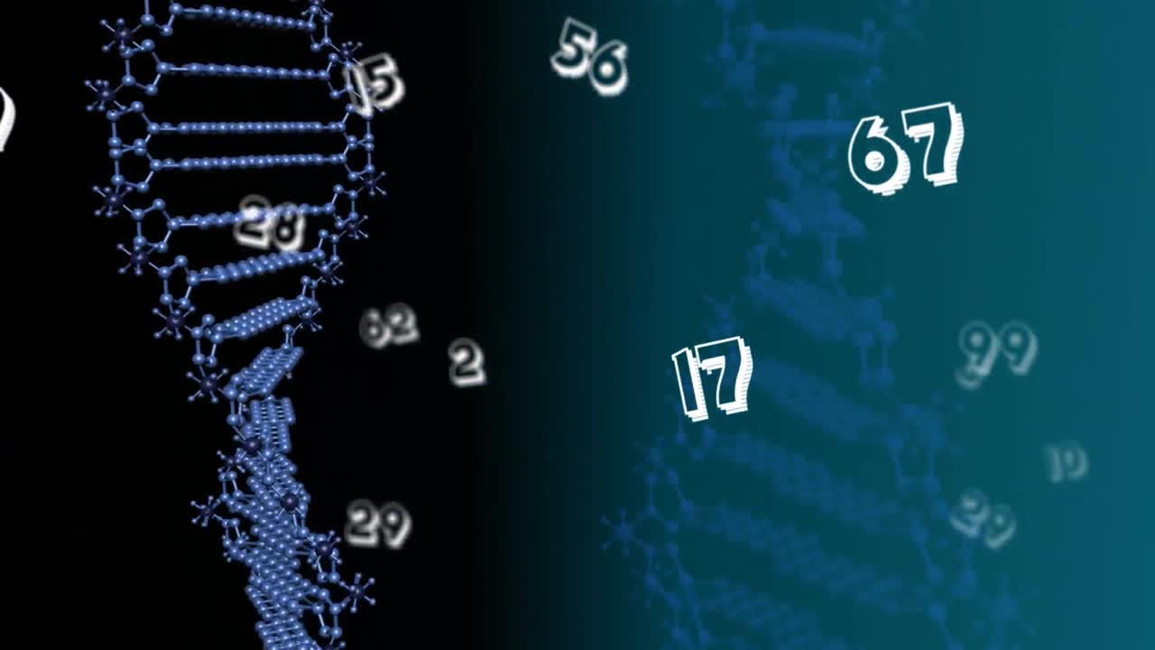 animación de números y cepas de adn en fondo negro