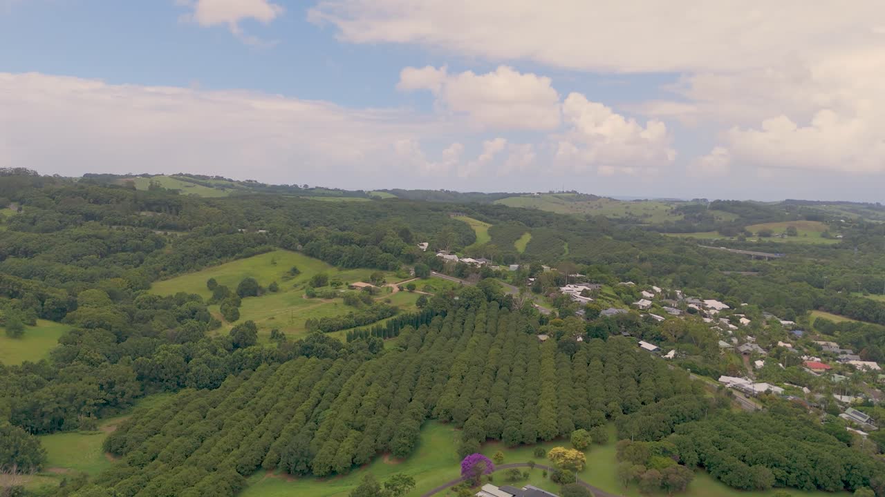 paisaje exuberante con granja y carretera
