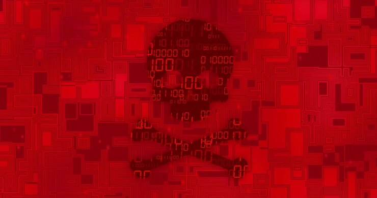 Binary digits cascading, tiles jittering, skull-and-crossbones glyph emerging in security warning