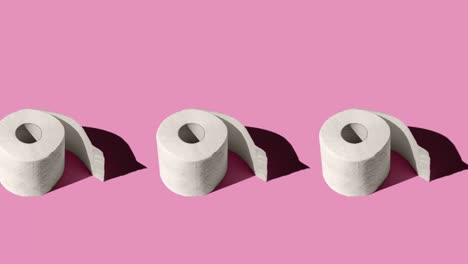 animación de bucle sin costuras con rollos de papel higiénico blanco aislados en un fondo rosado de primer plano. sombras duras del sol al mediodía