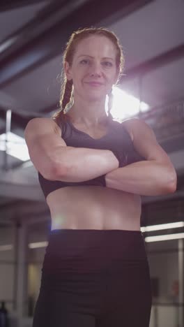retrato de video vertical de una mujer madura sonriente con ropa de fitness de pie en el gimnasio lista para hacer ejercicio