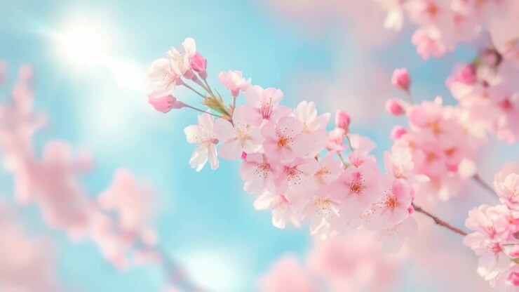 Pink Cherry Blossoms Blooming in Spring Sunlight