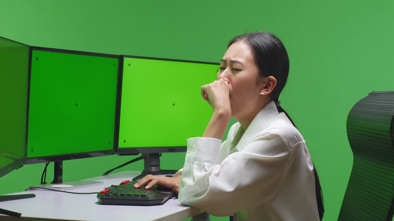 녹색 화면 모니터와 함께 컴퓨터에서 피곤한 여성