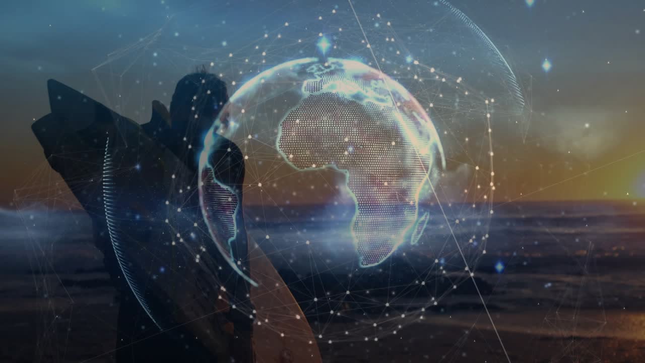 Surfer walking sunset beach, digital globe appearing over surfer and rotating, mapping tech network