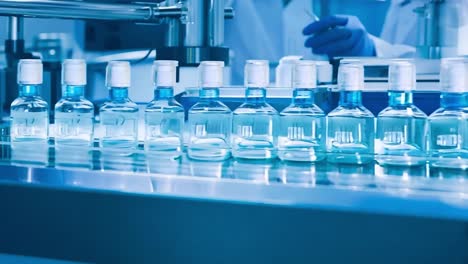 pharmaceutical production line with workers filling bottles with clear liquid