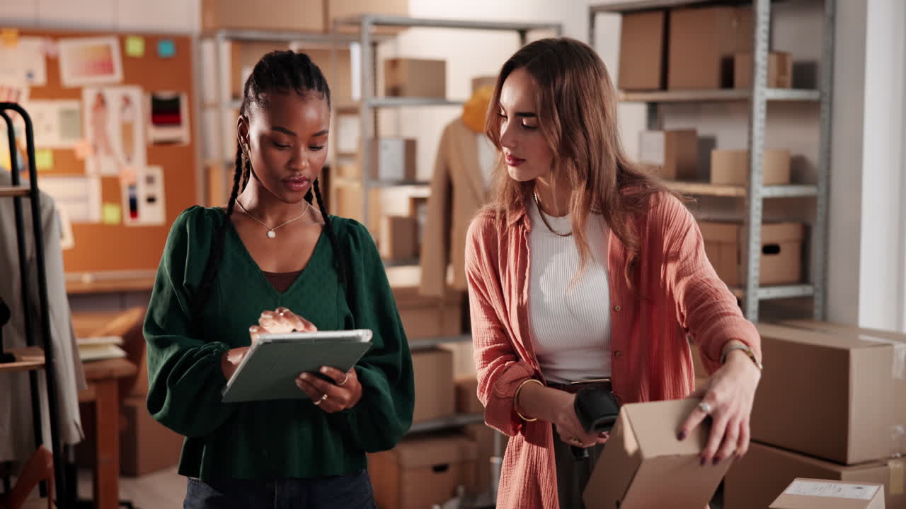 Two Young Women Working in E-commerce Warehouse, Scanning and Packing Orders