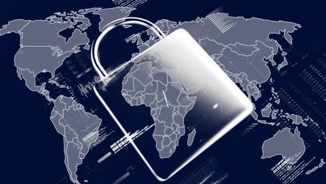 animación del candado de seguridad en línea y procesamiento de datos sobre el mapa del mundo