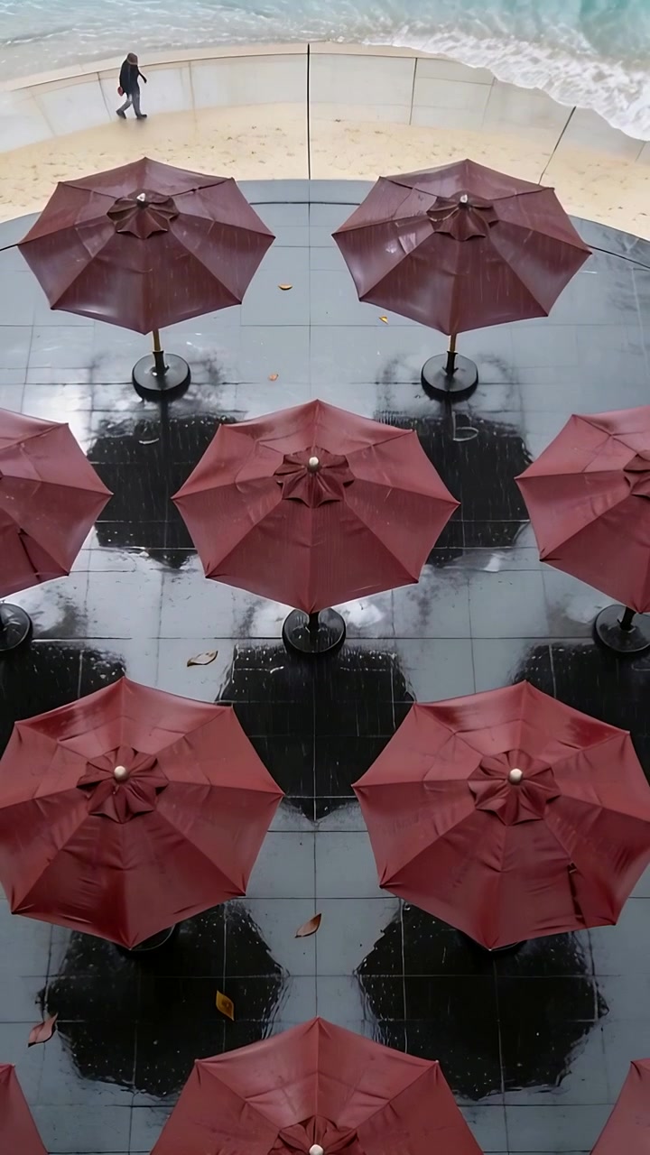 Video verticale: Uomo che cammina ed entra con un cappotto scuro, passando ombrelli color marrone verso l'acqua nella piazza.