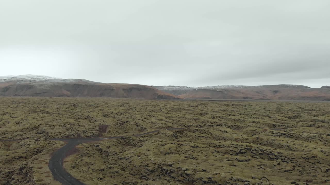 아이슬란드의 이끼 덮힌 용암 밭의 공중 촬영
