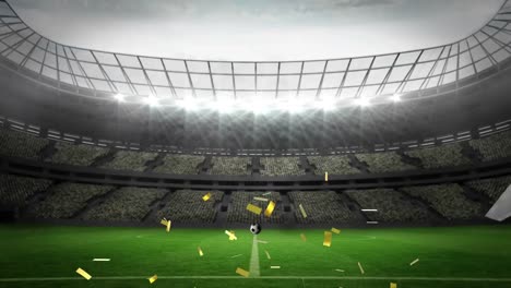 Animation-Von-Konfetti,-Die-über-Fußball-Fallen-Und-Die-Glaswand-Im-Sportstadion-Durchbrechen