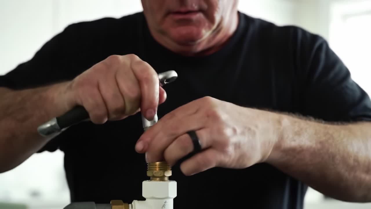 A person performs repair work on a plumbing fixture using a wrench in a bright workshop. The focus is on the detailed movements and tools engaged in the task, showcasing skilled craftsmanship.