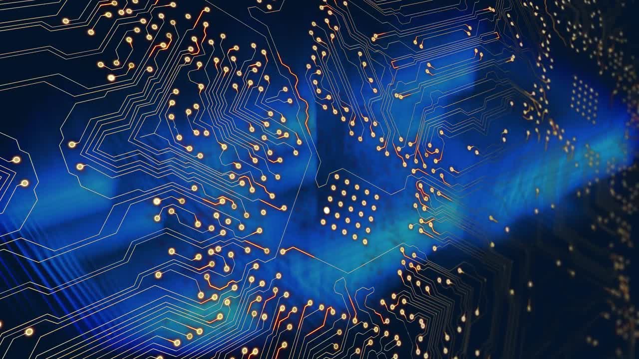 블랙 배경에 대한 파란색 빛 트레일을 통해 마이크로프로세서 연결의 디지털 애니메이션