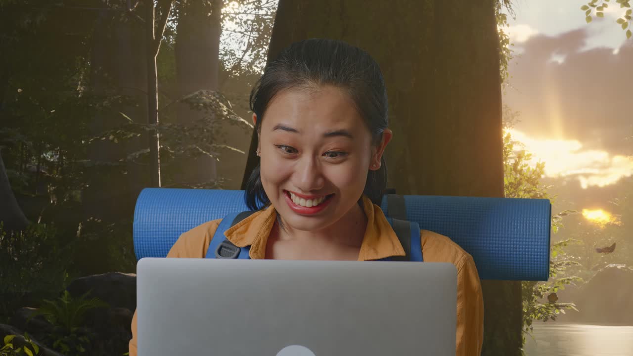 Close Up Of Asian Female Hiker With Mountaineering Backpack Looking At A Laptop And Screaming Goal Celebrating The Success While Exploring Forest Nature