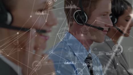 Animation-of-network-of-connections-over-business-people-wearing-phone-headsets
