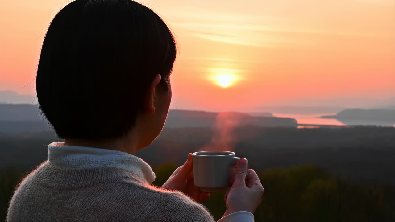 Woman Enjoying Coffee at Sunrise