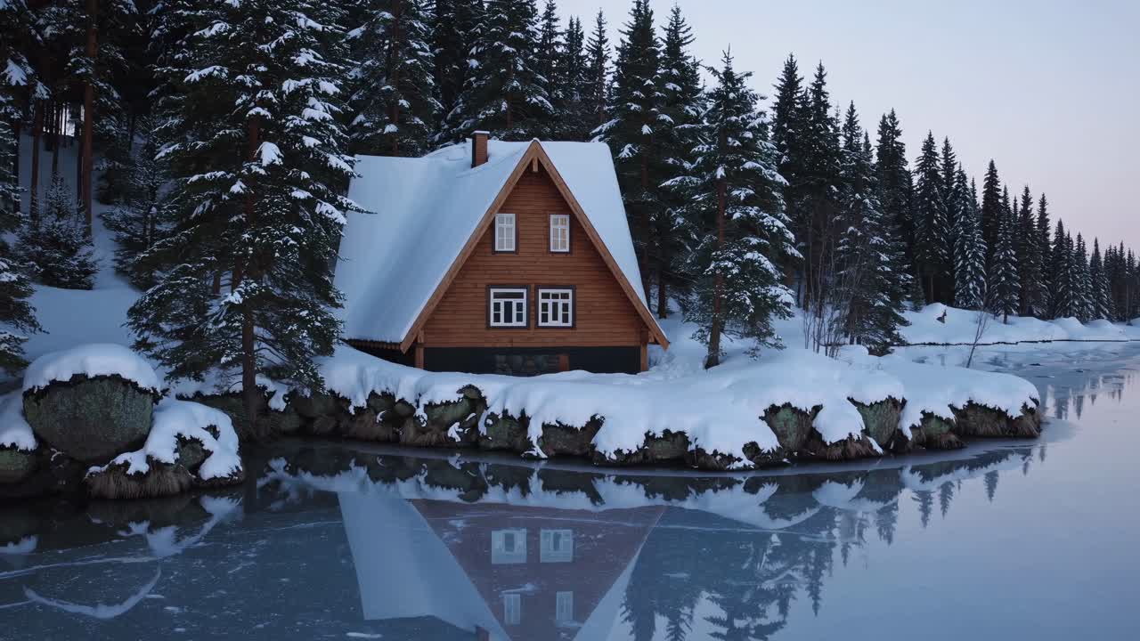 Winter Cabin Reflection on Frozen Lake