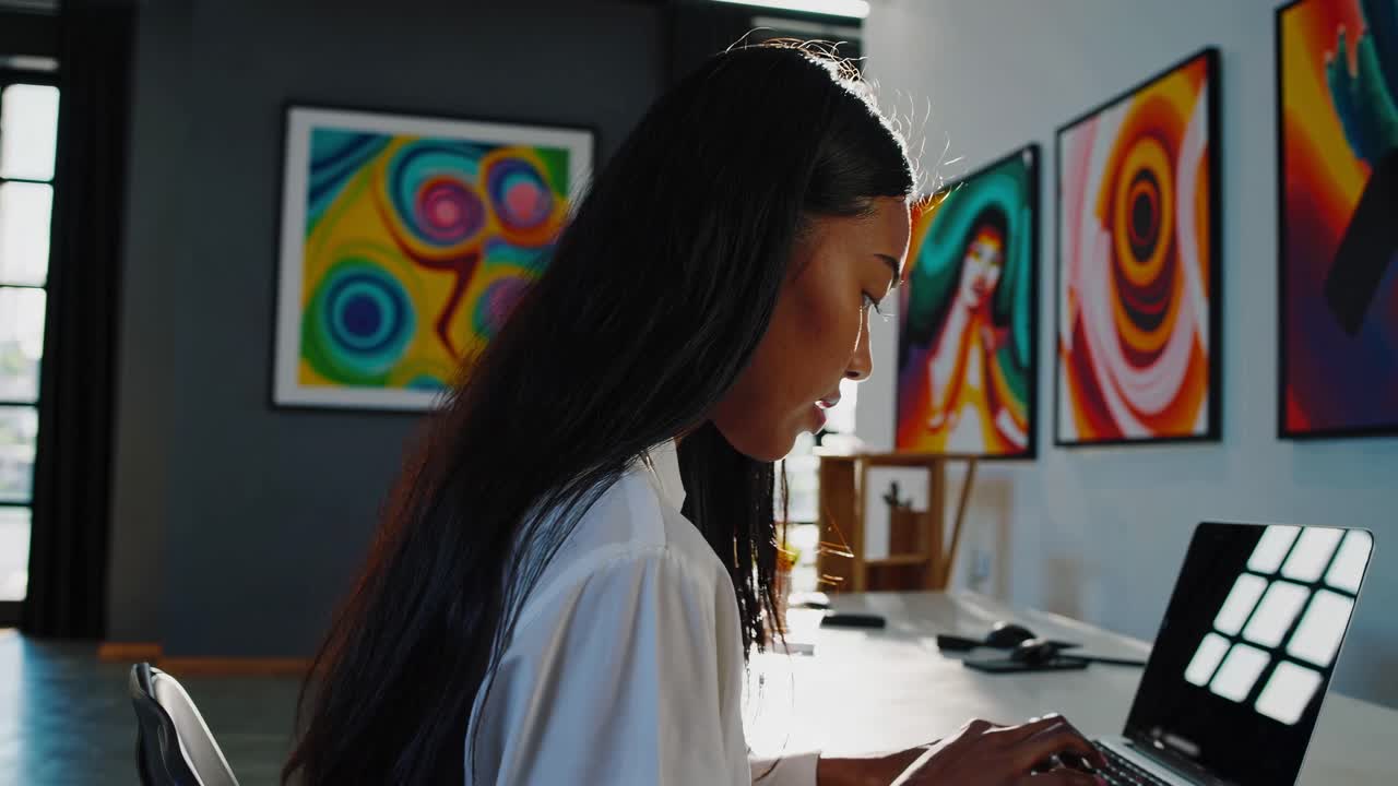 Side view video of a woman working on a laptop in a modern art-filled office, capturing a creative