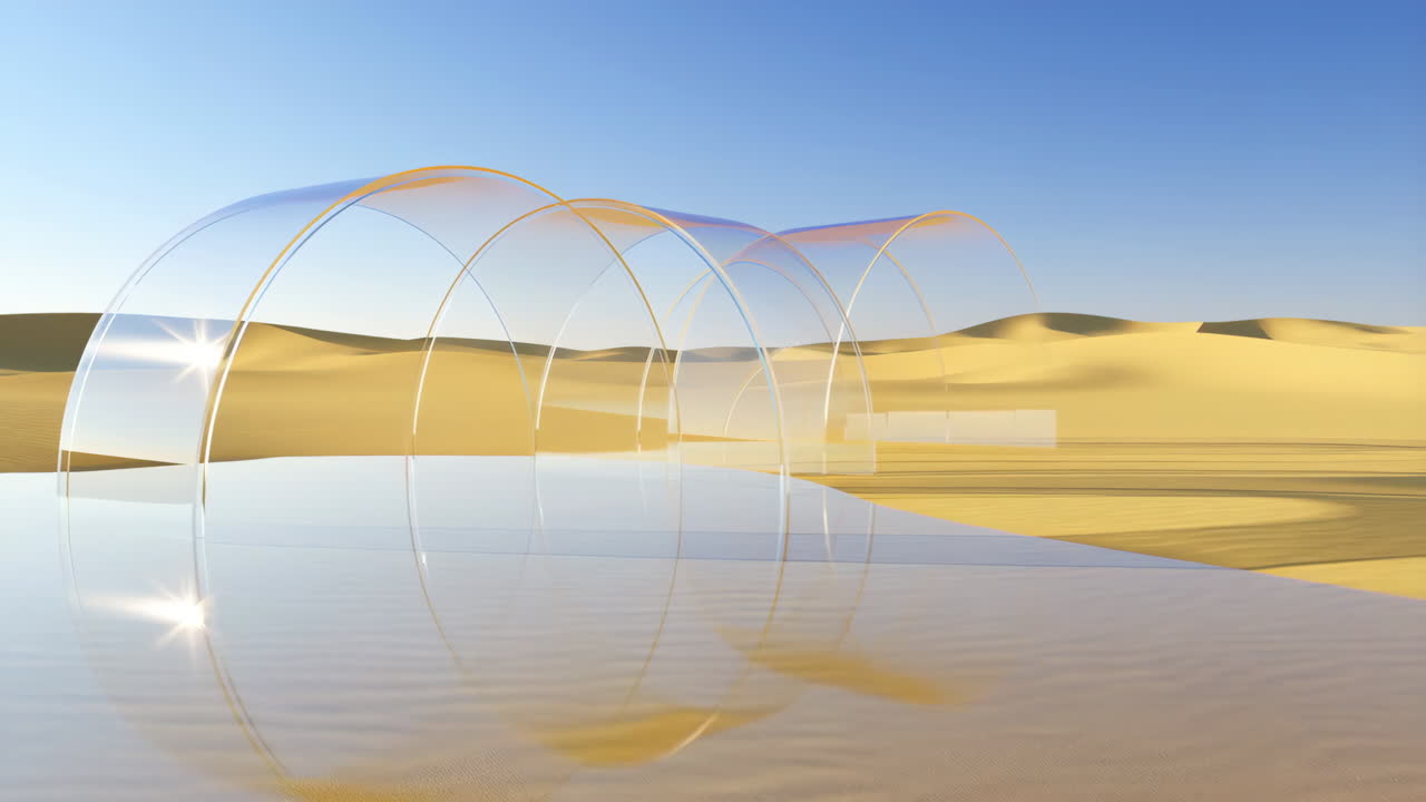 Futuristic Transparent Arches Reflected in a Desert Landscape