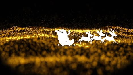 animation of santa claus in sleigh with reindeer over snow falling on black and golden background