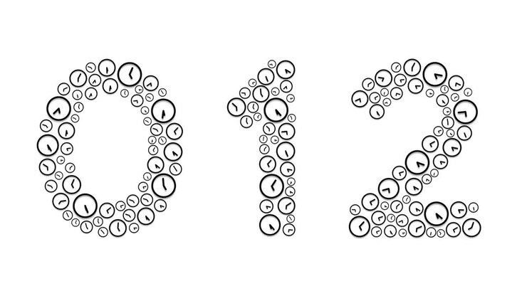 Alphabet set letter number zero to nine and punctuation, Clock shuffle pattern, Time system concept design illustration isolated on white background animation 4K