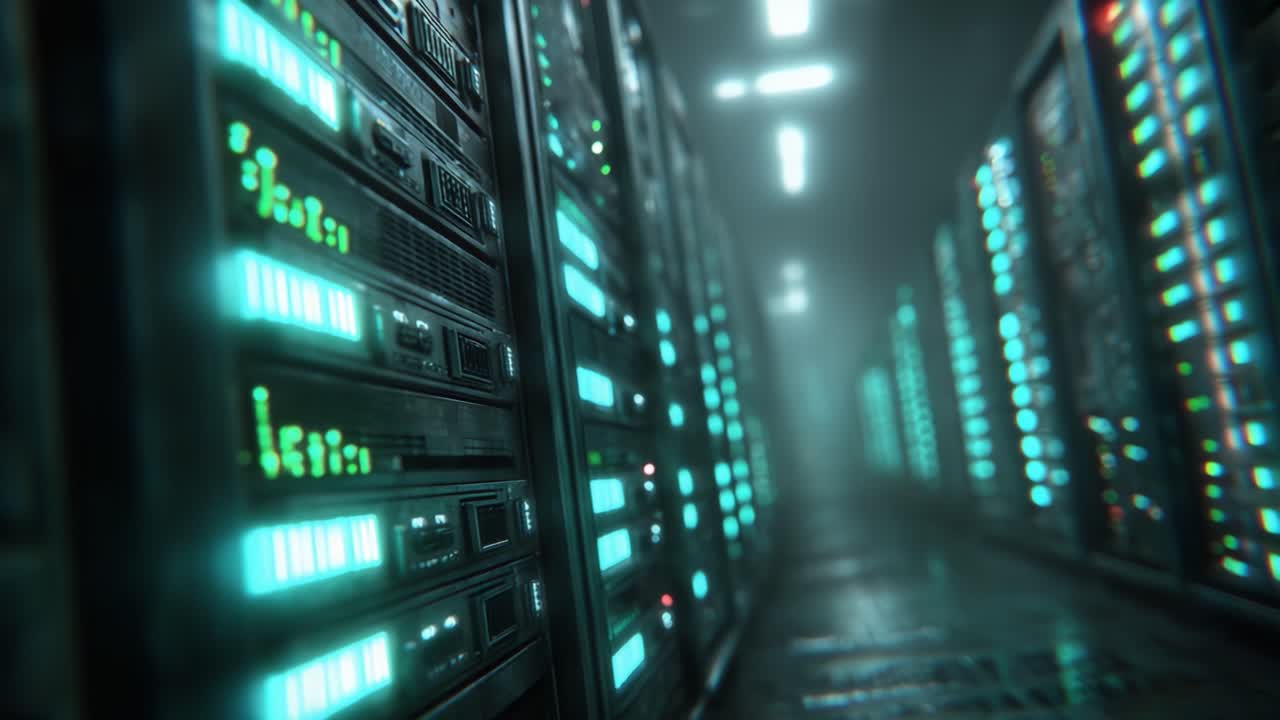 An Immersive Glimpse into a Futuristic Data Center With Illuminated Server Racks, Highlighting the Pulse of Modern Technology and Innovation