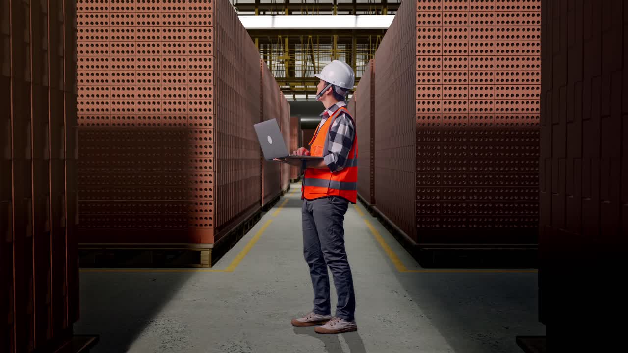 Worker with Laptop in a Brick Warehouse