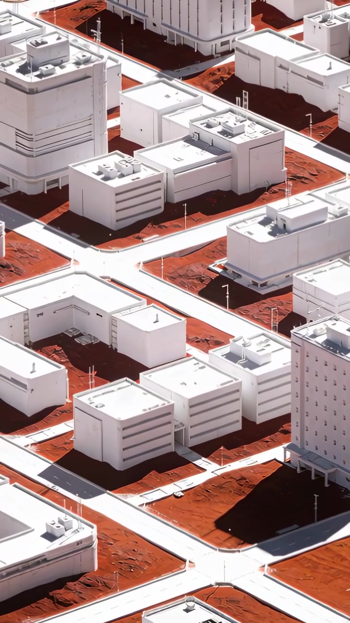 Video verticale: Drone che panoramica mostrando edifici bianchi su terreno rosso con strade bianche, esponendo impianti HVAC.